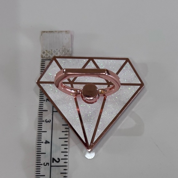 New Diamond Shaped White Glitter Rose Gold Cell Phone Pop Socket Holder - Picture 3 of 5